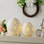 Easter Decorations: White Ceramic Lighted Easter Egg Set of 2, Farmhouse Rustic Hollow Easter Eggs Light Up Tabletop Statue, Easter Home Table Decor, Hunting Party Supplies Gifts for Kids