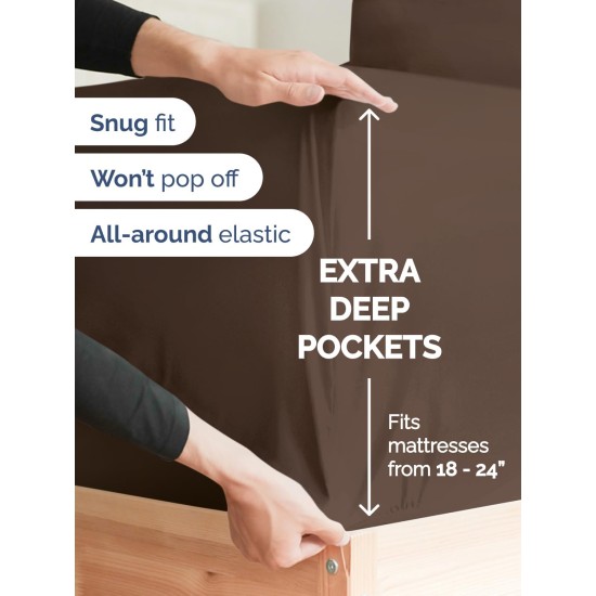Extra Deep Pocket Queen Sheet Set - 4 Piece Breathable & Cooling Bed Sheets - Hotel Luxury Sheet Set - Ultra Soft, Wrinkle Free & Comfy - Easily Fits Extra Deep Mattresses - Deep Pocket Brown Sheets