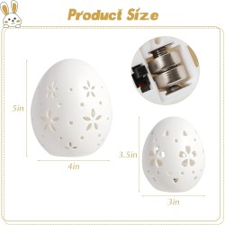 Easter Decorations: White Ceramic Lighted Easter Egg Set of 2, Farmhouse Rustic Hollow Easter Eggs Light Up Tabletop Statue, Easter Home Table Decor, Hunting Party Supplies Gifts for Kids