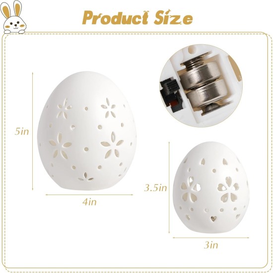 Easter Decorations: White Ceramic Lighted Easter Egg Set of 2, Farmhouse Rustic Hollow Easter Eggs Light Up Tabletop Statue, Easter Home Table Decor, Hunting Party Supplies Gifts for Kids