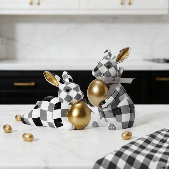 WDS WONDROUS Easter Decorations Bunny Figurines Set, Black White Checkerboard with Gold Egg & Grey Bow - Vintage Luxury Resin Home Decor for Mantel, Shelf, Office Spring Wedding Gift WDS WONDROUS Easter Decorations Bunny Figurines Set, Black White Checkerboard with Gold Egg & Grey Bow - Vintage Luxury Resin Home Decor for Mantel, Shelf, Office Spring Wedding Gift