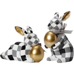 WDS WONDROUS Easter Decorations Bunny Figurines Set, Black White Checkerboard with Gold Egg & Grey Bow - Vintage Luxury Resin Home Decor for Mantel, Shelf, Office Spring Wedding Gift