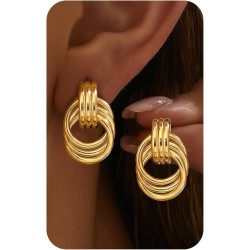 14K Gold Plated Knot Statement Earrings for Women Hypoallergenic Chunky Drop Dangle Earrings - Lightweight Fashion Accessories Gold Jewelry Gifts for Womens Trendy
