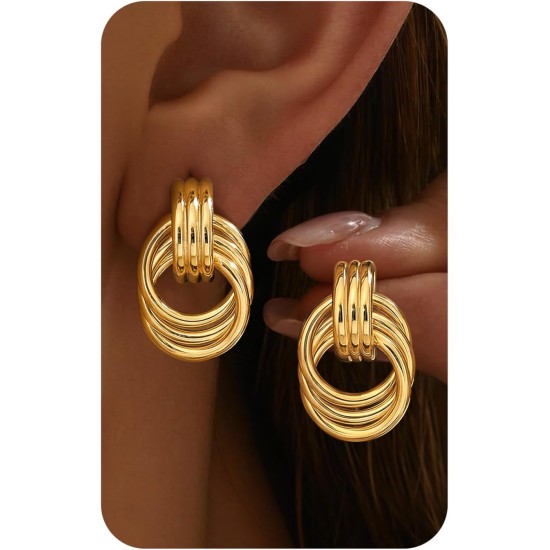 14K Gold Plated Knot Statement Earrings for Women Hypoallergenic Chunky Drop Dangle Earrings - Lightweight Fashion Accessories Gold Jewelry Gifts for Womens Trendy