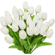 28pcs White Flowers Artificial Tulip Stems Real Feel PU Tulips for Easter Spring Wreath Wedding Bouquet Centerpiece Floral Arrangement Cemetery Table Décor 13" Tall
