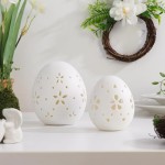 Easter Decorations: White Ceramic Lighted Easter Egg Set of 2, Farmhouse Rustic Hollow Easter Eggs Light Up Tabletop Statue, Easter Home Table Decor, Hunting Party Supplies Gifts for Kids