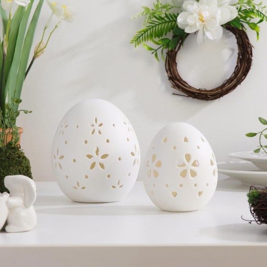 Easter Decorations: White Ceramic Lighted Easter Egg Set of 2, Farmhouse Rustic Hollow Easter Eggs Light Up Tabletop Statue, Easter Home Table Decor, Hunting Party Supplies Gifts for Kids