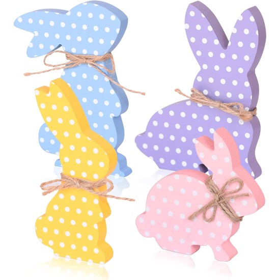 4Pcs Easter Bunny Decorations, Wooden Rabbit Shaped Tabletop Centerpieces Table Signs with Rope Farmhouse Spring Easter Decor for Home Office Dining Room