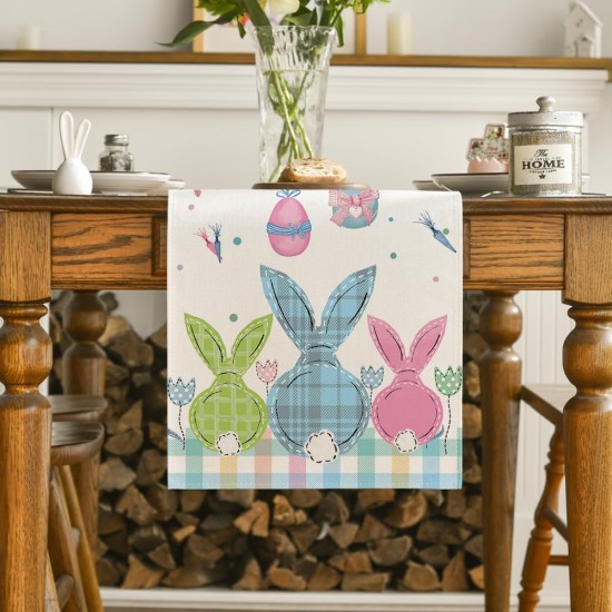 Artoid Mode Buffalo Plaid Bunny Egg Carrot Easter Table Runner, Seasonal Spring Kitchen Dining Table Decoration for Home Party Decor 13x72 Inch