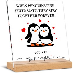 Romantic Penguin Acrylic Plaque with Stand for Home Office Table Decor - Anniversary Wedding Engagement Birthday Christmas Valentines Day Gifts for Him Her Boyfriend Girlfriend Wife Husband Couples