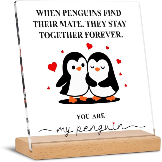 Romantic Penguin Acrylic Plaque with Stand for Home Office Table Decor - Anniversary Wedding Engagement Birthday Christmas Valentines Day Gifts for Him Her Boyfriend Girlfriend Wife Husband Couples