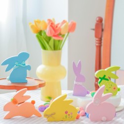 NYUWOUARC Easter Decorations,6 Pcs Wooden Bunny Colorful Table Signs With Cute Decor for the Home,Spring Easter Pastel Rabbit Decor For Shelf Mantel Indoor Office, Tiered Tray Set