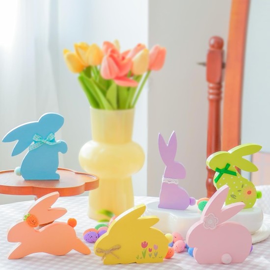 NYUWOUARC Easter Decorations,6 Pcs Wooden Bunny Colorful Table Signs With Cute Decor for the Home,Spring Easter Pastel Rabbit Decor For Shelf Mantel Indoor Office, Tiered Tray Set
