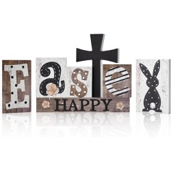 Smile 7Pcs Easter Decor Indoor Wooden Sign, Bunny Eggs Farmhouse Style Shelf Accents for Spring Holiday Home Decoration