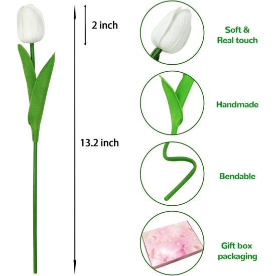 28pcs White Flowers Artificial Tulip Stems Real Feel PU Tulips for Easter Spring Wreath Wedding Bouquet Centerpiece Floral Arrangement Cemetery Table Décor 13" Tall