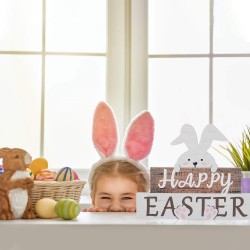 Easter Decorations for Table, Wooden Happy Easter Bunny Decor Sign for Home, Wood Rabbit Block Tabletop Centerpiece Farmhouse Decor for Spring Indoor Shelf Living Room Office(White, Wooden Color)