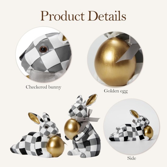 WDS WONDROUS Easter Decorations Bunny Figurines Set, Black White Checkerboard with Gold Egg & Grey Bow - Vintage Luxury Resin Home Decor for Mantel, Shelf, Office Spring Wedding Gift WDS WONDROUS Easter Decorations Bunny Figurines Set, Black White Checkerboard with Gold Egg & Grey Bow - Vintage Luxury Resin Home Decor for Mantel, Shelf, Office Spring Wedding Gift