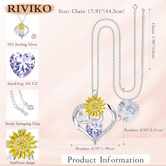 RIVIKO Valentine's Day Gifts for Her-Sunflower Birthstone Necklace for Women,925 Sterling Silver Heart Pendant,Anniversary Birthday Gifts for Women,Birthstone Jewelry for Wife Mother