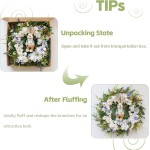 Idyllic 22 Inch Easter Floral Egg Wreath with 3D Bunny - White Blue Flowers on Green Foliage Base, Convertible to Everyday Wreath for Holiday Home Decor