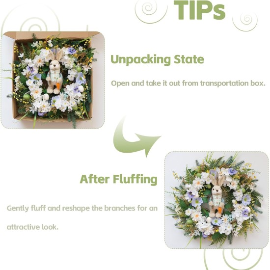 Idyllic 22 Inch Easter Floral Egg Wreath with 3D Bunny - White Blue Flowers on Green Foliage Base, Convertible to Everyday Wreath for Holiday Home Decor