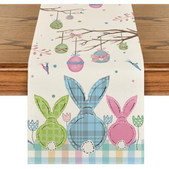Artoid Mode Buffalo Plaid Bunny Egg Carrot Easter Table Runner, Seasonal Spring Kitchen Dining Table Decoration for Home Party Decor 13x72 Inch