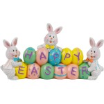 DR.DUDU Easter Decorations Eggs Bunny, Hand-Painted Resin Tabletop Centerpiece, Decor Bunny Figurine for Home Room Table Office Party (Happy Easter)