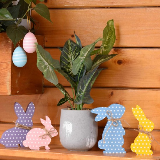 4Pcs Easter Bunny Decorations, Wooden Rabbit Shaped Tabletop Centerpieces Table Signs with Rope Farmhouse Spring Easter Decor for Home Office Dining Room