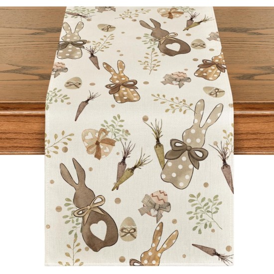 Artoid Mode Bunny Rabbit Eucalyptus Eggs Carrots Easter Table Runner, Seasonal Spring Kitchen Dining Table Decoration for Home Party Decor 13x72 Inch