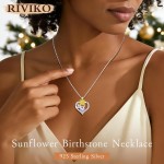 RIVIKO Valentine's Day Gifts for Her-Sunflower Birthstone Necklace for Women,925 Sterling Silver Heart Pendant,Anniversary Birthday Gifts for Women,Birthstone Jewelry for Wife Mother