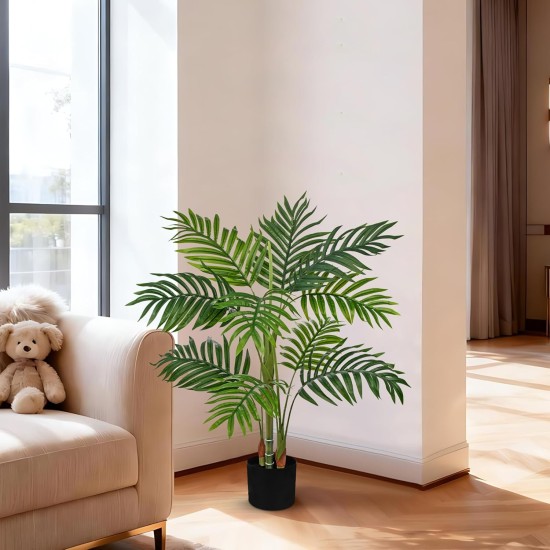 Hollyone Fake Palm Tree Decor 3FT with Planter Artificial Palm Tree Faux Tropical Areca Floor Plant in Pot with 3 Textured Trunks Silk Plant for Home Garden Outdoor Indoor Office Decor