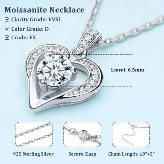 Moissanite Necklace for Women, 1CT Sterling Silver Diamond-like Jewelry, Valentine's Day, Anniversary Birthday Christmas Gift for Girlfriend, Mom