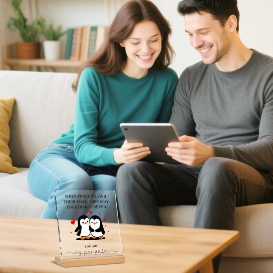 Romantic Penguin Acrylic Plaque with Stand for Home Office Table Decor - Anniversary Wedding Engagement Birthday Christmas Valentines Day Gifts for Him Her Boyfriend Girlfriend Wife Husband Couples