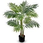 Hollyone Fake Palm Tree Decor 3FT with Planter Artificial Palm Tree Faux Tropical Areca Floor Plant in Pot with 3 Textured Trunks Silk Plant for Home Garden Outdoor Indoor Office Decor
