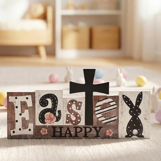 Smile 7Pcs Easter Decor Indoor Wooden Sign, Bunny Eggs Farmhouse Style Shelf Accents for Spring Holiday Home Decoration