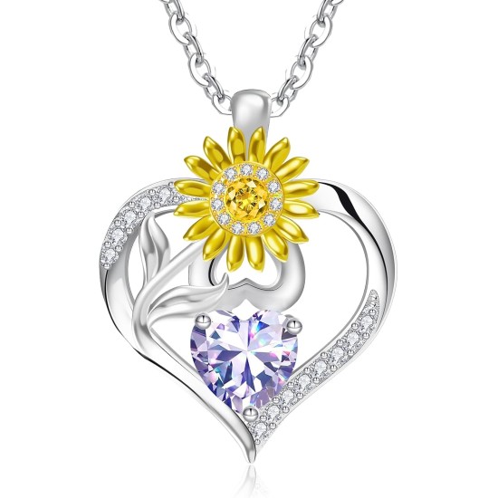 RIVIKO Valentine's Day Gifts for Her-Sunflower Birthstone Necklace for Women,925 Sterling Silver Heart Pendant,Anniversary Birthday Gifts for Women,Birthstone Jewelry for Wife Mother