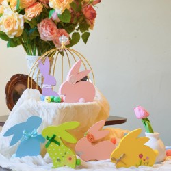 NYUWOUARC Easter Decorations,6 Pcs Wooden Bunny Colorful Table Signs With Cute Decor for the Home,Spring Easter Pastel Rabbit Decor For Shelf Mantel Indoor Office, Tiered Tray Set