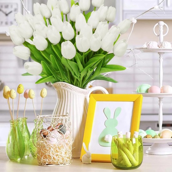 28pcs White Flowers Artificial Tulip Stems Real Feel PU Tulips for Easter Spring Wreath Wedding Bouquet Centerpiece Floral Arrangement Cemetery Table Décor 13" Tall