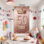 Happy 50st birthday, boys and girls. Pink rose gold crown flag background decoration, poster background photo, booth prop decoration, used for birthday parties, wedding anniversaries
