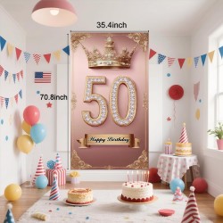 Happy 50st birthday, boys and girls. Pink rose gold crown flag background decoration, poster background photo, booth prop decoration, used for birthday parties, wedding anniversaries