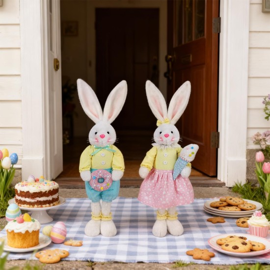 Glintoper 2 Pack Easter Decorations Standing Bunny with Stretchable Legs, 21" to 26" White Rabbits Couple Figurine, Party Favor Photo Props Gifts for Office Kitchen Farmhouse Front Door Spring Home