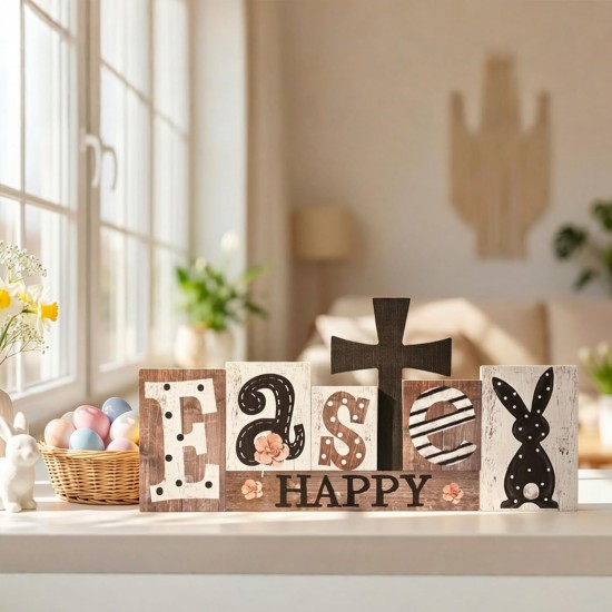 Smile 7Pcs Easter Decor Indoor Wooden Sign, Bunny Eggs Farmhouse Style Shelf Accents for Spring Holiday Home Decoration