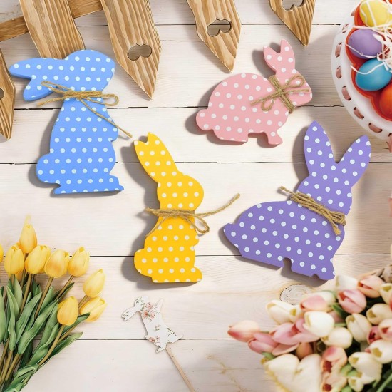 4Pcs Easter Bunny Decorations, Wooden Rabbit Shaped Tabletop Centerpieces Table Signs with Rope Farmhouse Spring Easter Decor for Home Office Dining Room