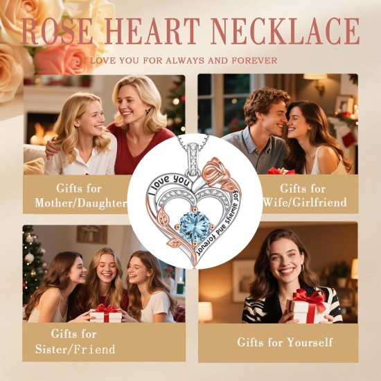 Rose Birthstone Heart Necklaces for Women S925 Sterling Silver I Love You Jewelry Gift for Women Birthday Wedding Anniversary, Mother’s Day Gifts for Mom, Mother, Wife, Girlfriend with Birthstone Pendent Necklace