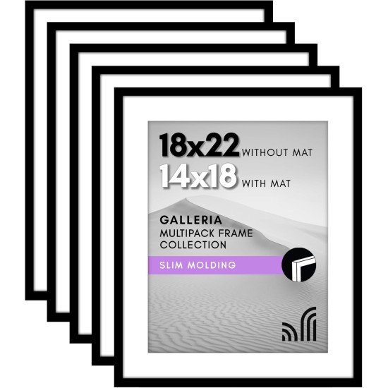 Americanflat 18x22 Picture Frame with Polished Plexiglass - Set of 5 - Use as 14x18 Frame with Mat or Display 18x22 Photo Without Mat - Galleria Collection - Picture Frames for Wall Display - Black