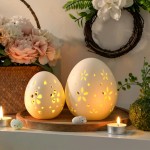 Easter Decorations: White Ceramic Lighted Easter Egg Set of 2, Farmhouse Rustic Hollow Easter Eggs Light Up Tabletop Statue, Easter Home Table Decor, Hunting Party Supplies Gifts for Kids