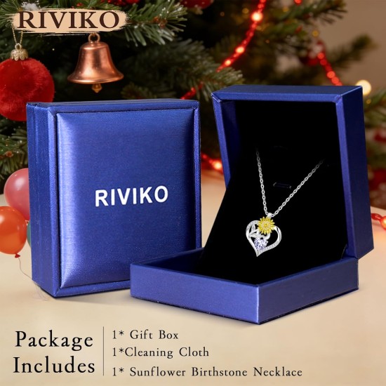 RIVIKO Valentine's Day Gifts for Her-Sunflower Birthstone Necklace for Women,925 Sterling Silver Heart Pendant,Anniversary Birthday Gifts for Women,Birthstone Jewelry for Wife Mother