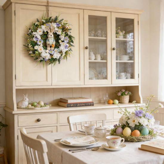 Idyllic 22 Inch Easter Floral Egg Wreath with 3D Bunny - White Blue Flowers on Green Foliage Base, Convertible to Everyday Wreath for Holiday Home Decor