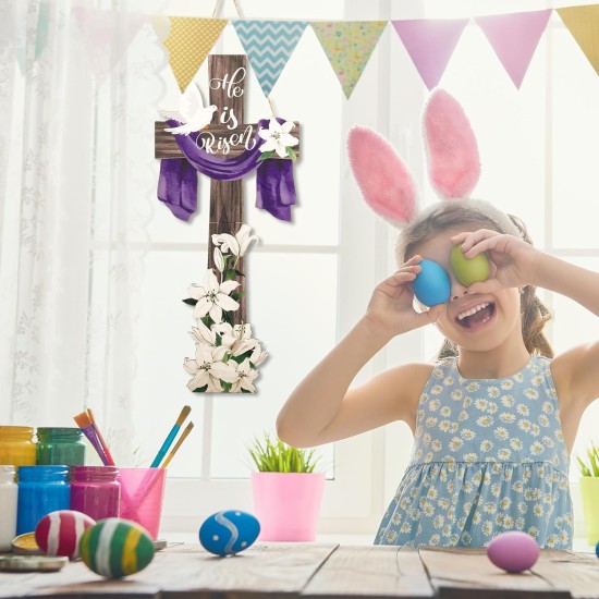 Menkxi Large Easter He Is Risen Welcome Door Sign Easter Decorations Cross Wall Art Hanging Wood He Is Risen Front Door Decor Easter Door Sign for Farmhouse Home Wall Holiday Decoration