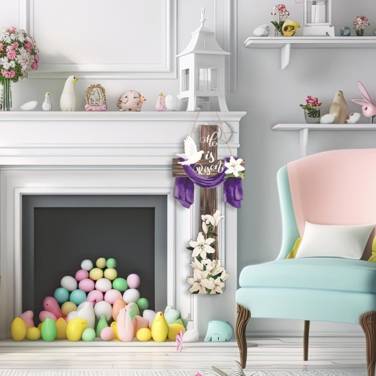 Menkxi Large Easter He Is Risen Welcome Door Sign Easter Decorations Cross Wall Art Hanging Wood He Is Risen Front Door Decor Easter Door Sign for Farmhouse Home Wall Holiday Decoration