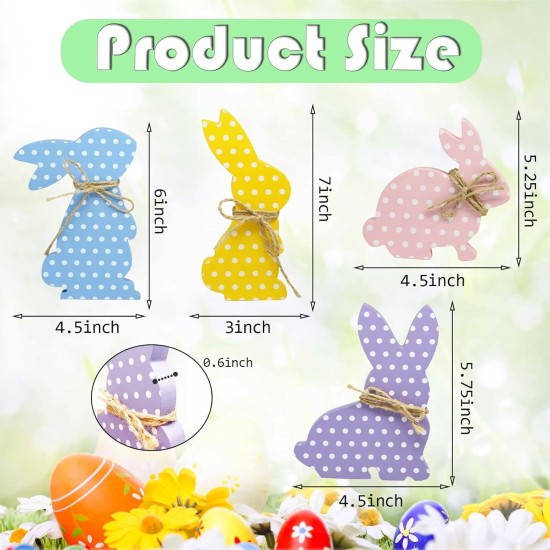 4Pcs Easter Bunny Decorations, Wooden Rabbit Shaped Tabletop Centerpieces Table Signs with Rope Farmhouse Spring Easter Decor for Home Office Dining Room